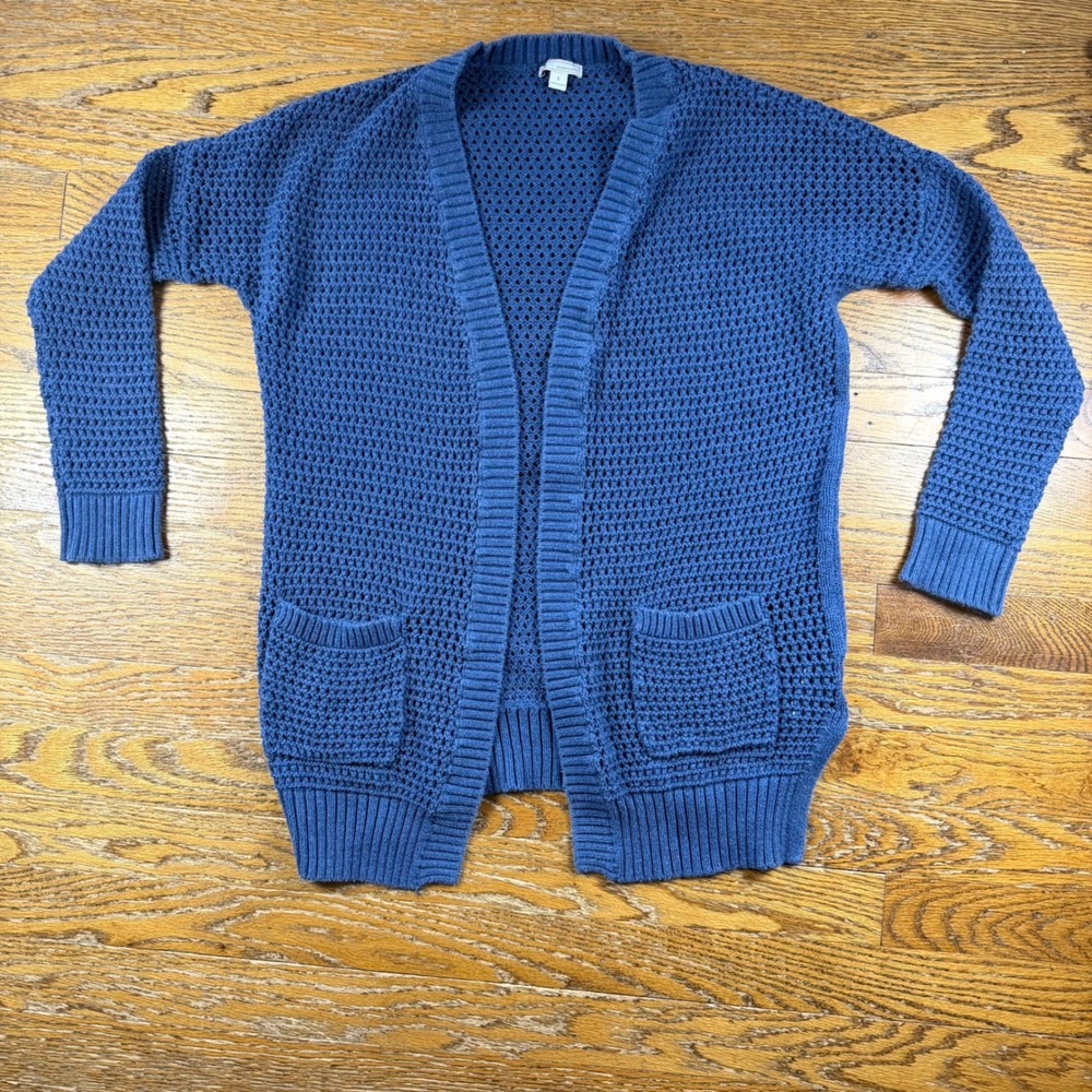 Crochet Waffle Knit Cardigan‎ Woman's S Navy Open Front Beach Coastal Sweater
